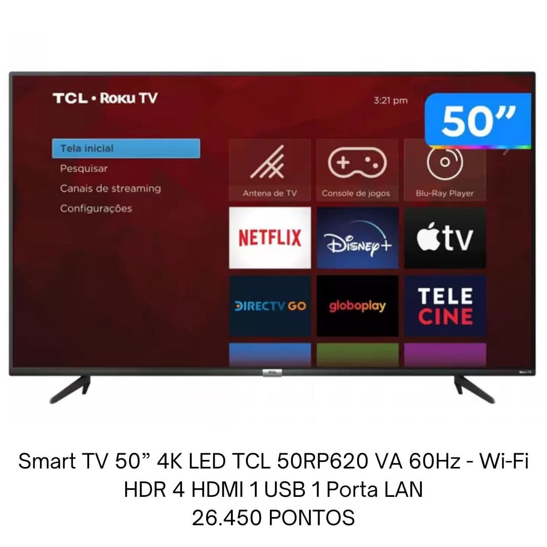 Smart TV 50" 4K LED TCL 50RP620 VA 60Hz - Wi-Fi HDR 4 HDMI 1 USB 1 Porta LAN